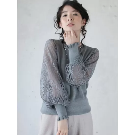 Original Loose Hollow Lace Round-Neck Long Puff Sleeves Sweater Pullovers