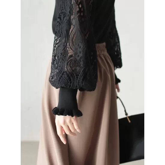 Original Loose Hollow Lace Round-Neck Long Puff Sleeves Sweater Pullovers