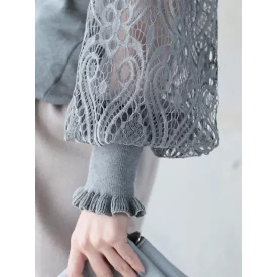 Original Loose Hollow Lace Round-Neck Long Puff Sleeves Sweater Pullovers