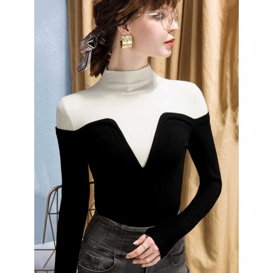 Vintage Contrast Color High-Neck Long Sleeves Pullover