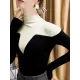 Vintage Contrast Color High-Neck Long Sleeves Pullover