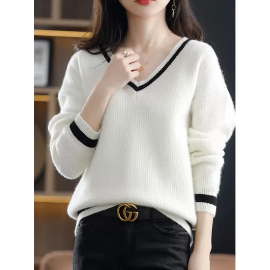 Urban Loose Long Sleeves Contrast Color V-Neck Sweater Tops