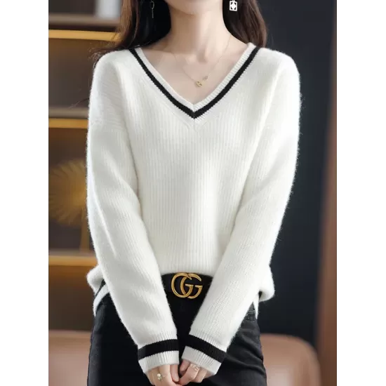 Urban Loose Long Sleeves Contrast Color V-Neck Sweater Tops