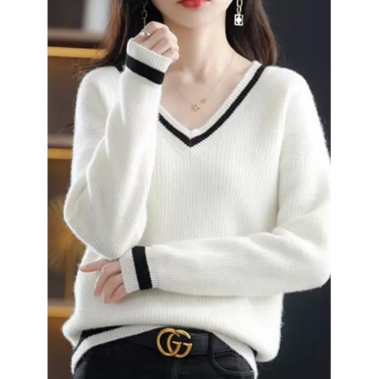 Urban Loose Long Sleeves Contrast Color V-Neck Sweater Tops