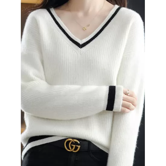 Urban Loose Long Sleeves Contrast Color V-Neck Sweater Tops