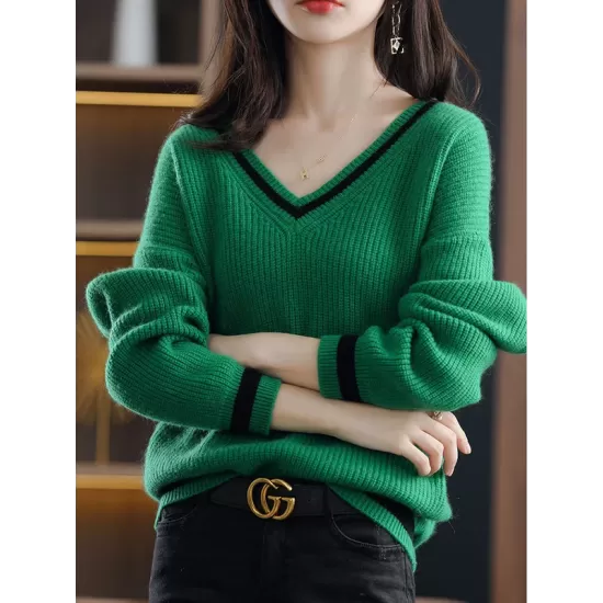 Urban Loose Long Sleeves Contrast Color V-Neck Sweater Tops