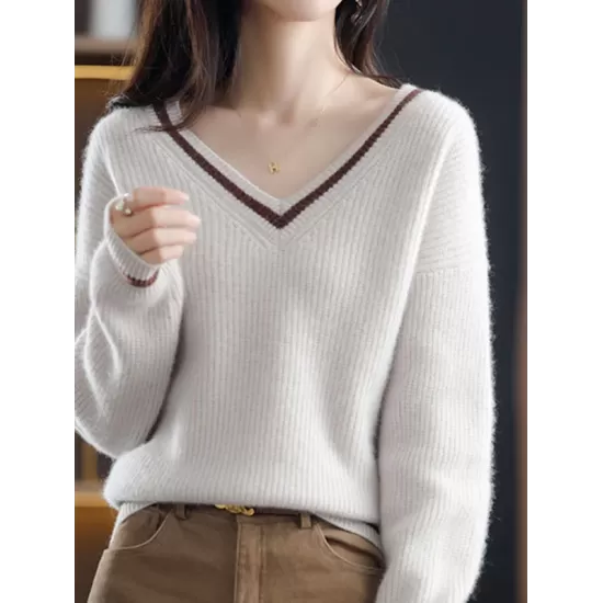 Urban Loose Long Sleeves Contrast Color V-Neck Sweater Tops