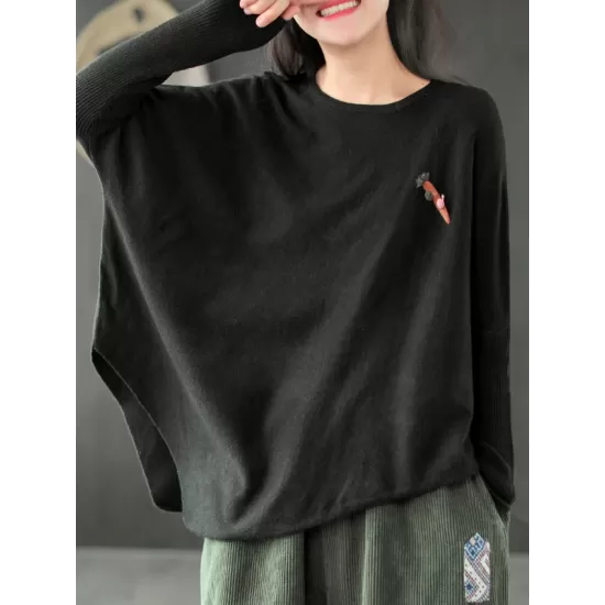 Simple Loose Long Sleeves Solid Color Round-Neck Sweater Tops