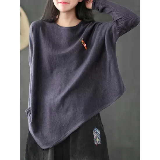 Simple Loose Long Sleeves Solid Color Round-Neck Sweater Tops