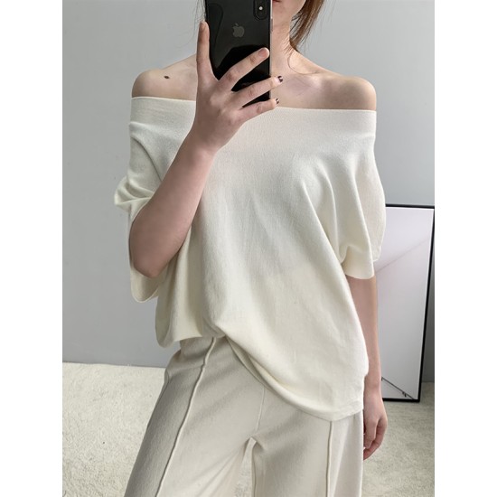 Solid Color Half Sleeves Loose Off-The-Shoulder Sweater Tops Pullovers Knitwear