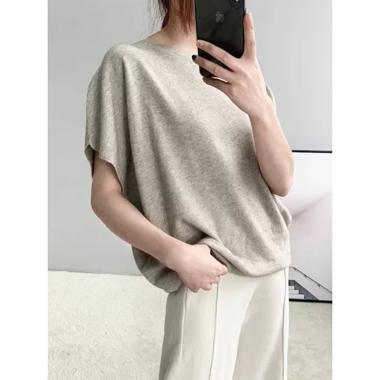 Solid Color Half Sleeves Loose Off-The-Shoulder Sweater Tops Pullovers Knitwear