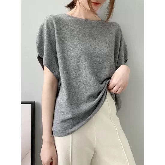 Solid Color Half Sleeves Loose Off-The-Shoulder Sweater Tops Pullovers Knitwear