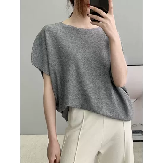 Solid Color Half Sleeves Loose Off-The-Shoulder Sweater Tops Pullovers Knitwear