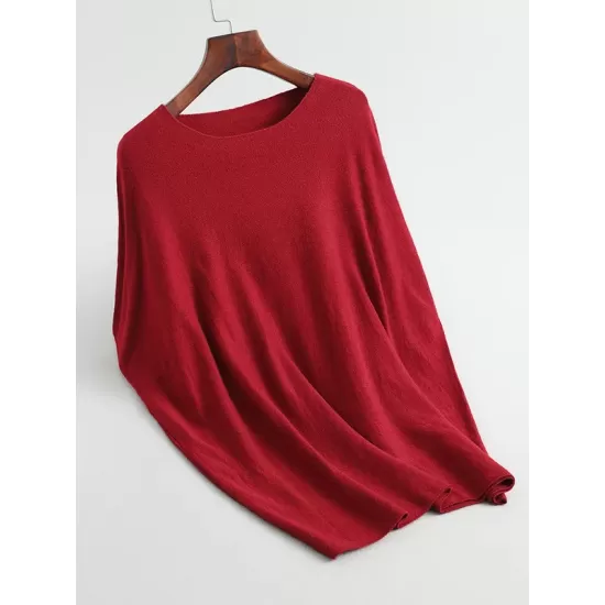 Solid Color Half Sleeves Loose Off-The-Shoulder Sweater Tops Pullovers Knitwear