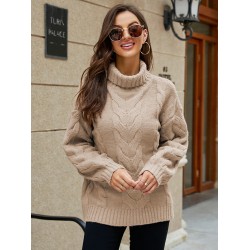 Simple Long Sleeves Loose Jacquard Solid Color High-Neck Sweater Tops