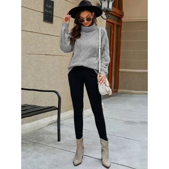 Simple Long Sleeves Loose Jacquard Solid Color High-Neck Sweater Tops