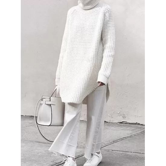 Loose Solid Knitting High-neck Long Sweater