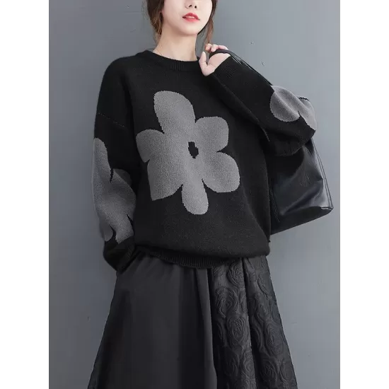 Casual Loose Long Sleeves Contrast Color Jacquard Round-Neck Sweater Tops