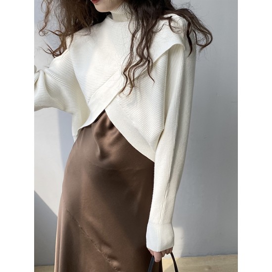 Asymmetric Solid Color Split-Front Long Sleeves High-Neck Sweater Pullovers Knitwear