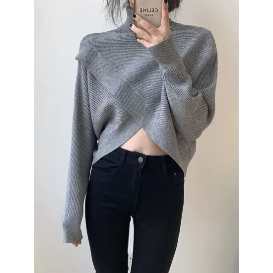 Asymmetric Solid Color Split-Front Long Sleeves High-Neck Sweater Pullovers Knitwear