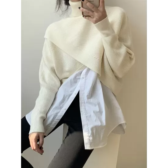 Asymmetric Solid Color Split-Front Long Sleeves High-Neck Sweater Pullovers Knitwear