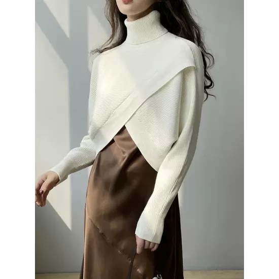 Asymmetric Solid Color Split-Front Long Sleeves High-Neck Sweater Pullovers Knitwear