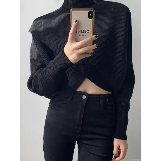 Asymmetric Solid Color Split-Front Long Sleeves High-Neck Sweater Pullovers Knitwear