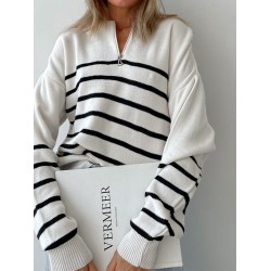 Urban Long Sleeves Loose Striped Round-Neck Sweater Tops