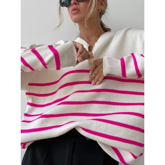 Urban Long Sleeves Loose Striped Round-Neck Sweater Tops