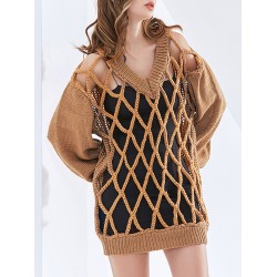 Original Long Sleeves Loose Hollow Solid Color V-Neck Sweater Tops