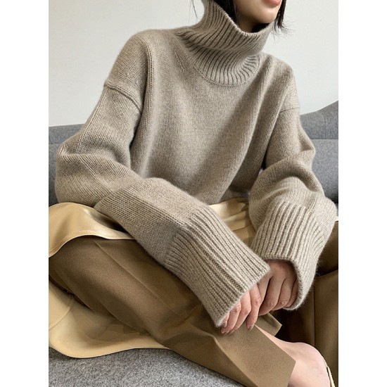 Casual Loose Long Sleeves Solid Color High-Neck Sweater Tops