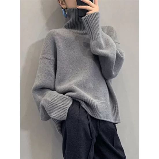 Casual Loose Long Sleeves Solid Color High-Neck Sweater Tops