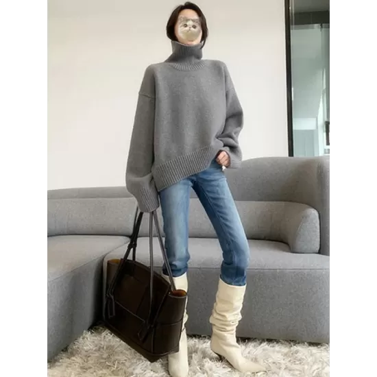 Casual Loose Long Sleeves Solid Color High-Neck Sweater Tops