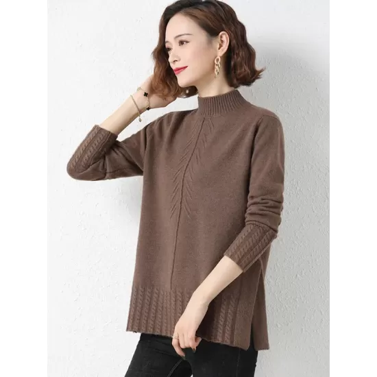 Loose Split-Side Solid Color Half Turtleneck Sweater Tops