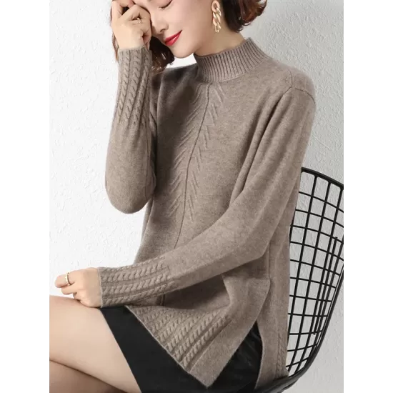 Loose Split-Side Solid Color Half Turtleneck Sweater Tops