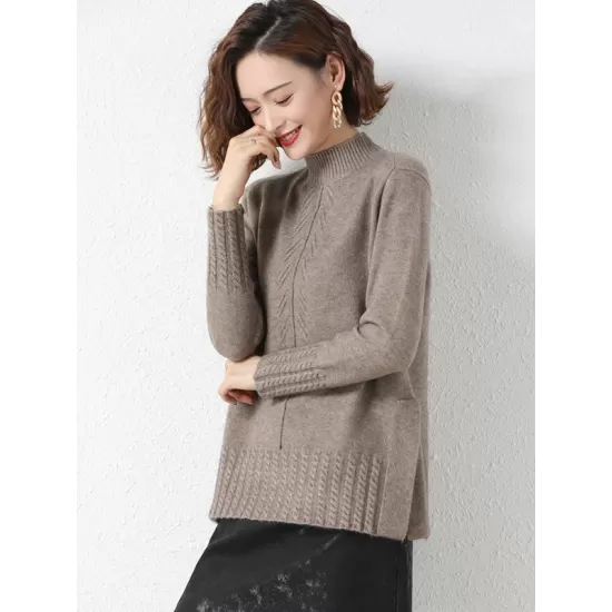 Loose Split-Side Solid Color Half Turtleneck Sweater Tops