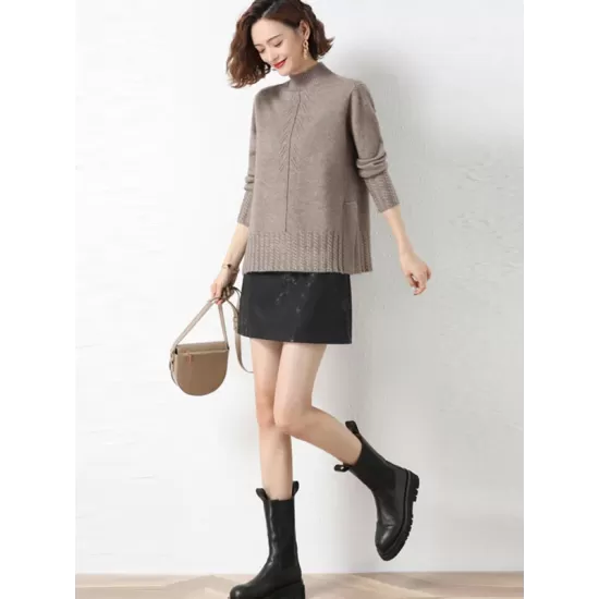 Loose Split-Side Solid Color Half Turtleneck Sweater Tops