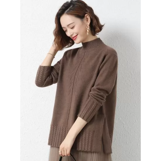 Loose Split-Side Solid Color Half Turtleneck Sweater Tops