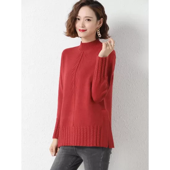 Loose Split-Side Solid Color Half Turtleneck Sweater Tops