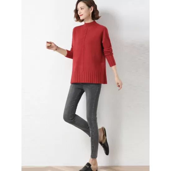 Loose Split-Side Solid Color Half Turtleneck Sweater Tops