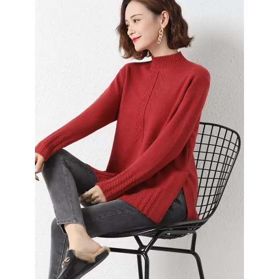 Loose Split-Side Solid Color Half Turtleneck Sweater Tops