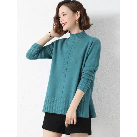 Loose Split-Side Solid Color Half Turtleneck Sweater Tops