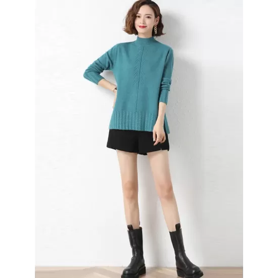 Loose Split-Side Solid Color Half Turtleneck Sweater Tops