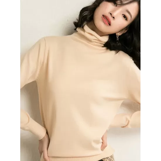 Simple Loose Long Sleeves Solid Color High-Neck Sweater Tops