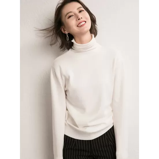 Simple Loose Long Sleeves Solid Color High-Neck Sweater Tops