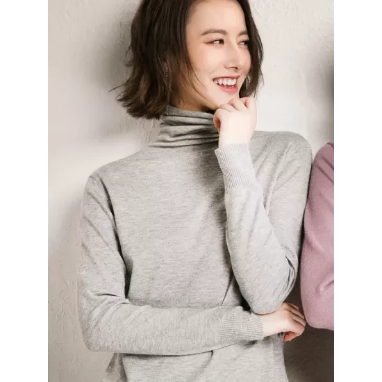 Simple Loose Long Sleeves Solid Color High-Neck Sweater Tops