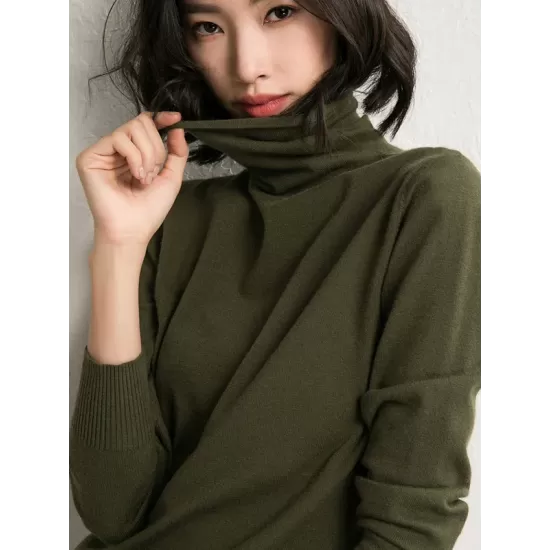 Simple Loose Long Sleeves Solid Color High-Neck Sweater Tops