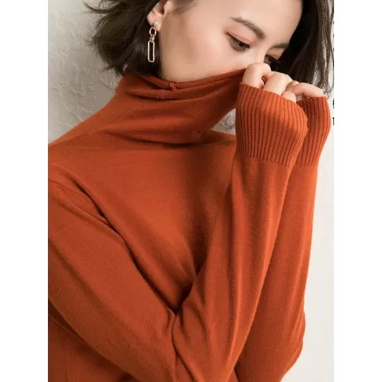 Simple Loose Long Sleeves Solid Color High-Neck Sweater Tops