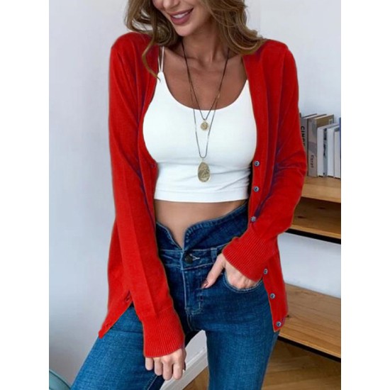 Simple Long Sleeves Buttoned Solid Color Sweater Cardigan Tops