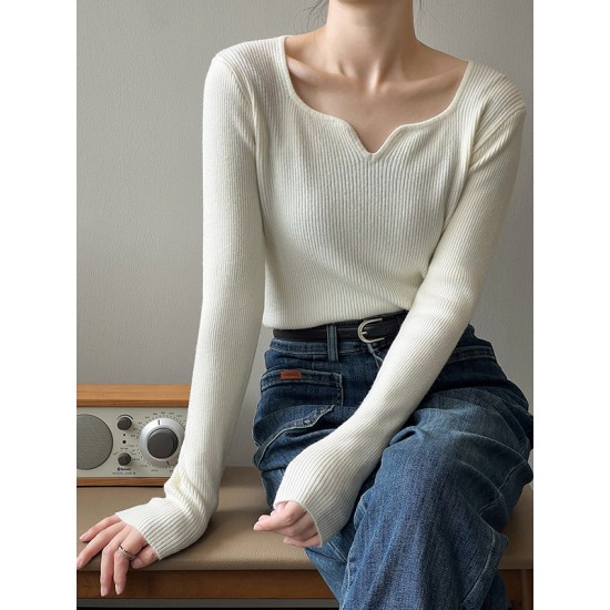 Urban Skinny Long Sleeves Elasticity Solid Color V-Neck Sweater Tops Pullovers